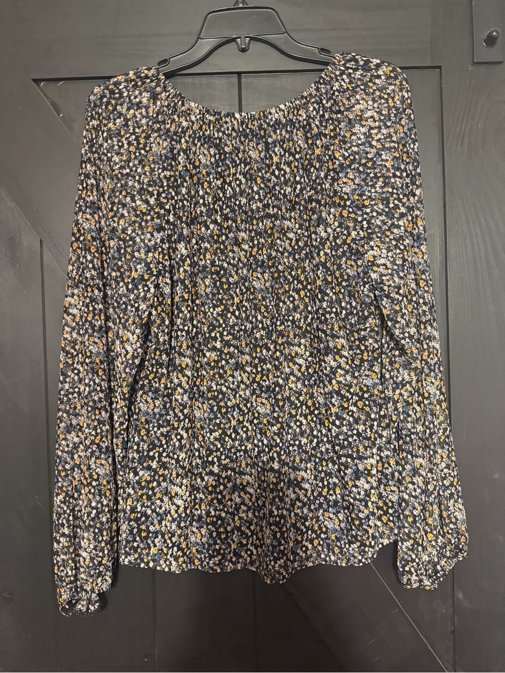 Smocked-Neck Long-Sleeve Floral Blouse - Black with Gold and Cream Accents